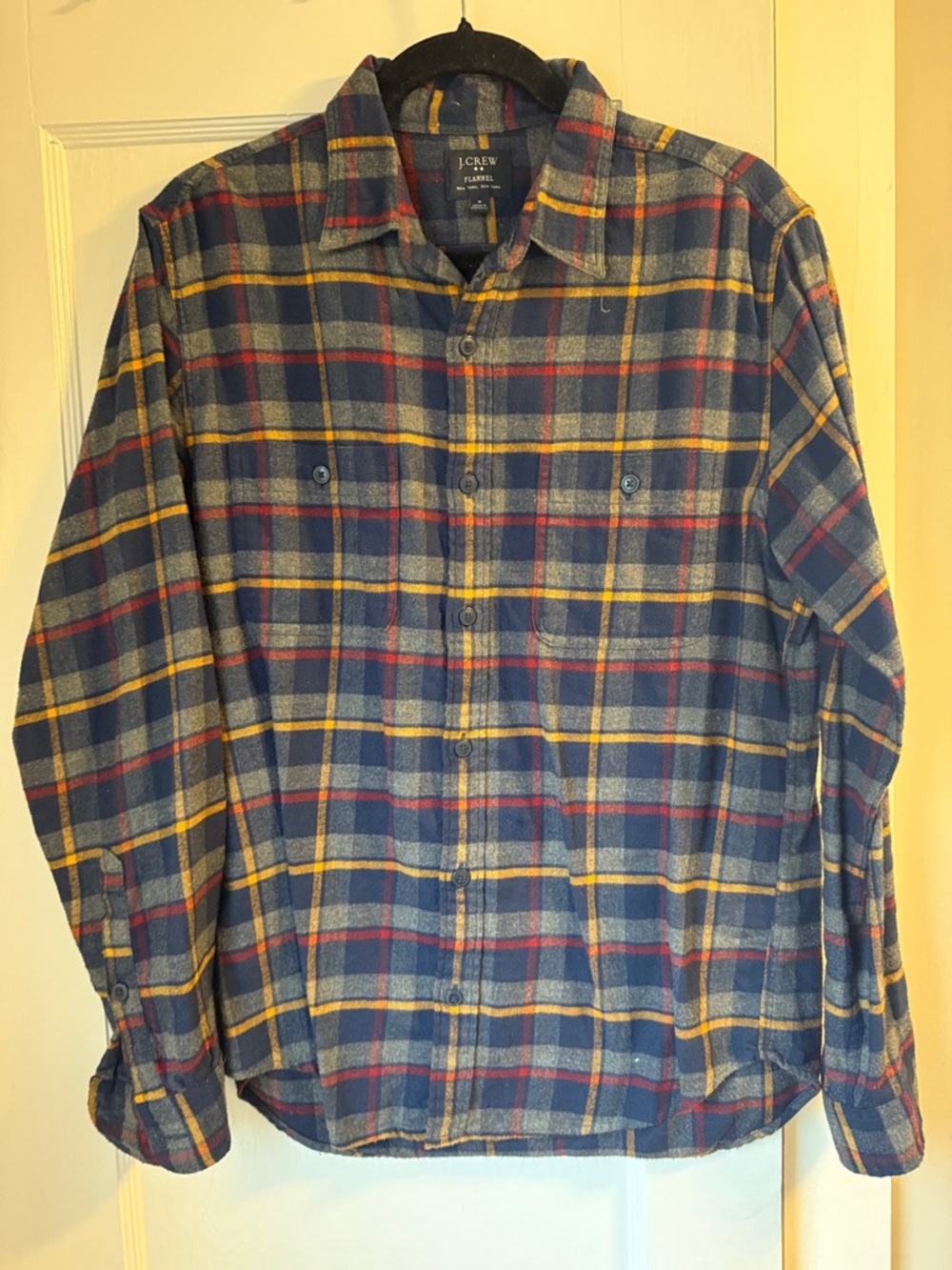 J. Crew Navy Plaid Shirt with Yellow & Red Trim
